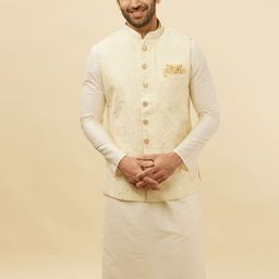 Manyavar Woven Design Mandarin Collar Nehru Jacket-image-45