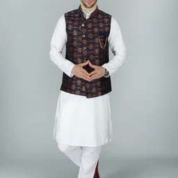 Exotic India Woven Design Mandarin Collar Nehru Jacket-picture-41