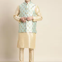 SOJANYA Men Solid Kurta with Churidar & Woven Design Nehru Jacket image 1