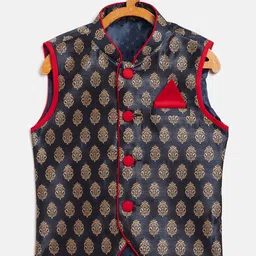 YK Boys Navy Blue & Beige Woven Design Nehru Jacket-51