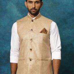 VASTRAMAY Woven Design Mandarin Collar Jute Cotton Nehru Jacket-19