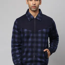 Campus Sutra Men Navy Blue Cotton Checked Windcheater Tailored Jacket-9