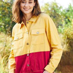 Athena Women Colourblocked Crop Cotton Denim Jacket-picture-27