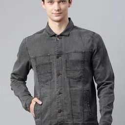 Hubberholme Men Charcoal Grey Solid Denim Jacket-29