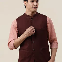 Fabindia Men Brown Solid Cotton Nehru Jackets-image-86