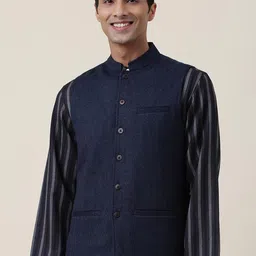 Fabindia Men Navy Blue Woolen Nehru Jacket-image-47