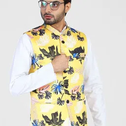 TAHVO Men Yellow & Blue Printed Satin Nehru Jacket-39