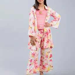 Unique Designers Girls Floral Printed Top & Palazzos With Long Jacket-image-22