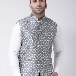 Hangup Men Grey & White Woven Design Bandhgala Nehru Jacket-11