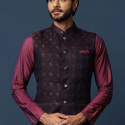 KISAH Woven Design Mandarin Collar Nehru Jacket-17