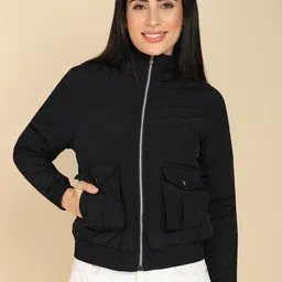 ELLIPSE Women Mock Collar Solid Casual Bomber Jacket-41
