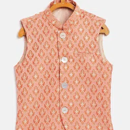 JBN Creation Boys Peach-Coloured & Orange Woven-Design Silk Blend Slim-Fit Nehru Jacket-53
