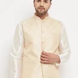 VASTRAMAY Woven Design Mandarin Collar Sleeveless Nehru Jacket-44