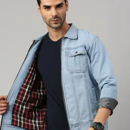 VOXATI Men Washed Checked Longline Denim Jacket-7