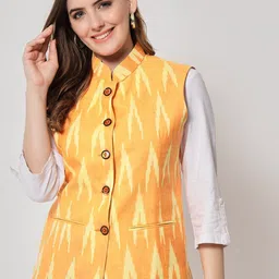 Vastraa Fusion Women Pure Cotton Ikkat Printed Nehru Jacket-21