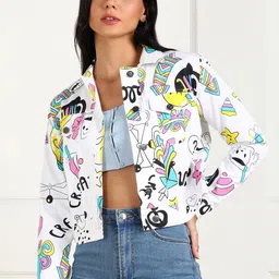 MONTREZ Women White Printed Denim Jacket-37