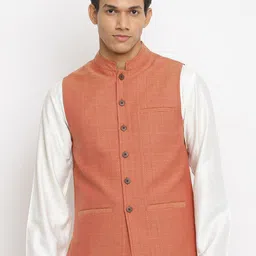 Fabindia Men Orange Woven Design Pure Cotton Nehru Jacket-picture-35