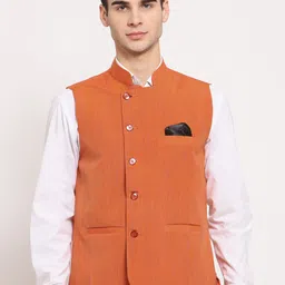 KLOTTHE Men Orange Solid Woven Pure Cotton Nehru Jacket-24