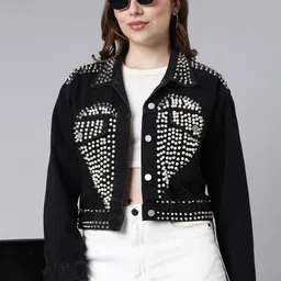SHOWOFF Embellished Windcheater Denim Crop Biker Jacket-20