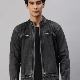VOXATI Washed Stand Collar Zip Detail Denim Jacket-2