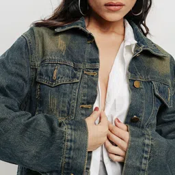 FREAKINS Blue Pure Cotton Crop Denim Jacket-42