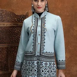 Vishudh Blue Ethnic Printed Longline Tailored Jacket-28