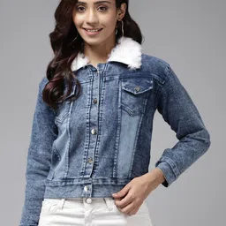 BAESD Washed Crop Denim Jacket With Fur Collar-image-96