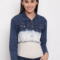 TALES & STORIES Washed Spread Collar Lightweight Cotton Crop Denim Jacket-picture-56