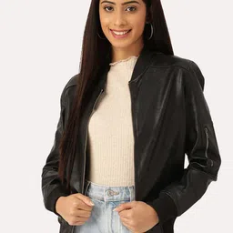 Leather Retail Women Crop Outdoor Bomber Jacket-image-99