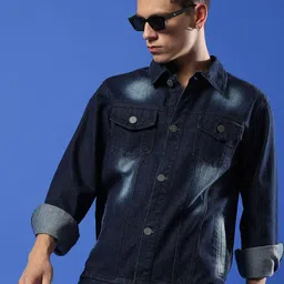 Campus Sutra Spread Collar Washed Windcheater Cotton Denim Jacket-picture-48