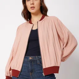Vero Moda Women Pink Mandarin Collar Bomber Jacket-picture-53
