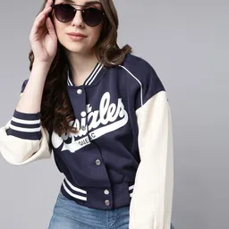 SHOWOFF Typography Printed Windcheater Cotton Crop Bomber Jacket-image-93