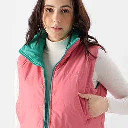 The Souled Store Pink & Blue Reversible Crop Puffer Jacket-13