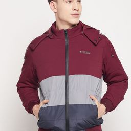 Duke Men Burgundy & Grey Colourblocked Hooded Bomber Jacket-image-63