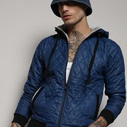 Campus Sutra Blue Windcheater Hooded Quilted Jacket-picture-51