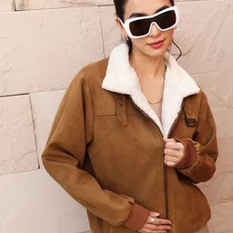 Campus Sutra Suede Spread Collar Faux Fur Trim Windcheater Biker Jacket-19