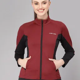 JUMP USA Women Maroon & Black Colourblocked Sporty Jacket-image-61