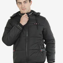 Xohy Men Black Lightweight Hooded Varsity Jacket-image-14