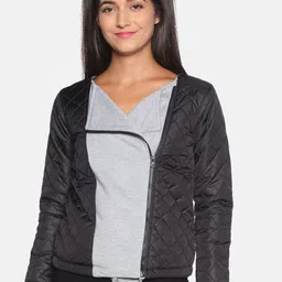 Campus Sutra Women Black & Grey Colourblocked Quilted Tailored Jacket-picture-7