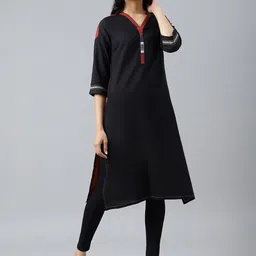 W Women Black Solid Kurta with Printed Placket-picture-33