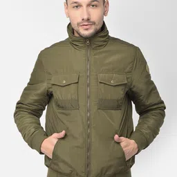 Woodland Men Olive Green Camouflage Water Resistant Bomber Jacket-image-56