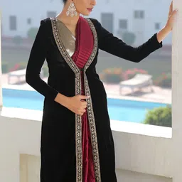 Swtantra Embroidered Lace Detail Longline Velvet Shrug-30