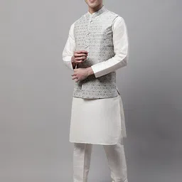 Jompers Men Solid Dupion Silk Long sleeves Kurta & Churidar With Woven Design Nehru Jacket-11
