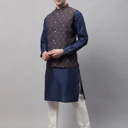 Jompers Men Solid Dupion Silk Long sleeves Kurta & Churidar With Woven Design Nehru Jacket-12