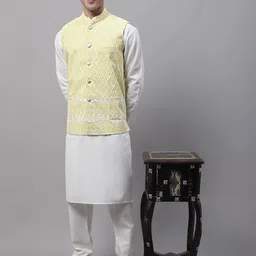 Jompers Men Pure Cotton Kurta & Churidar With Chikankari Embroidered Nehru Jacket-image-24