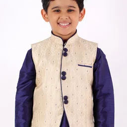 YK Boys Cream-Coloured & Navy Blue Woven Design Slim-Fit Nehru Jacket-picture-10