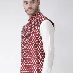 DEYANN Men Red & White Printed Woven Dupion Silk Nehru Jacket image 5