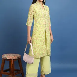 Vishudh Lime Green Printed Crop Top & Jacket With Palazzos image 4