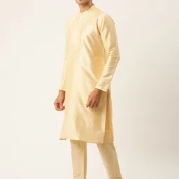 SOJANYA Men Cream-Coloured Solid Kurta with Churidar & Nehru Jacket image 3