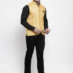 KLOTTHE Men Yellow Woven Design Nehru Jacket With Comes With A Pocket Square image 3